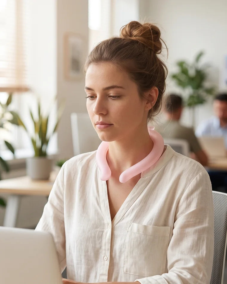 Jeune femme concentrée au bureau grâce à l'anneau rafraîchissant