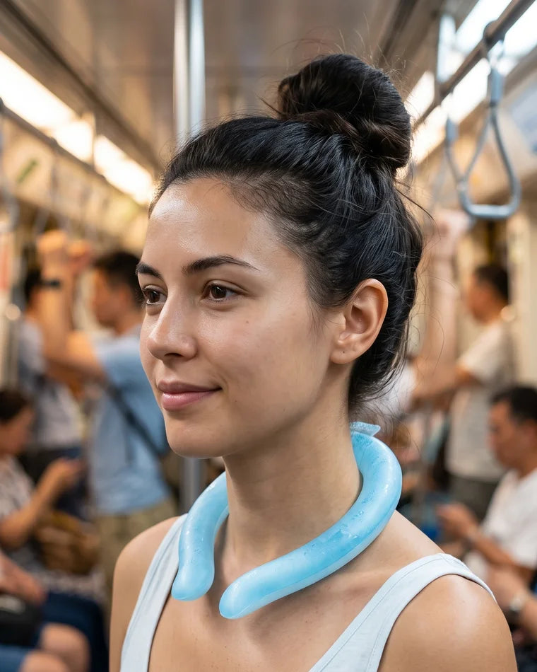 Jeune femme portant l'anneau rafraîchissant bleu dans le métro